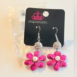 Paparazzi Pink Floral Earrings with Silver Accents